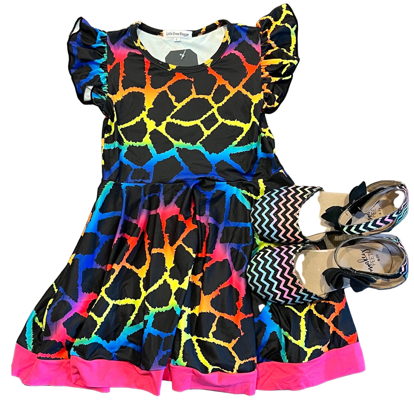 Rainbow giraffe twirl dress